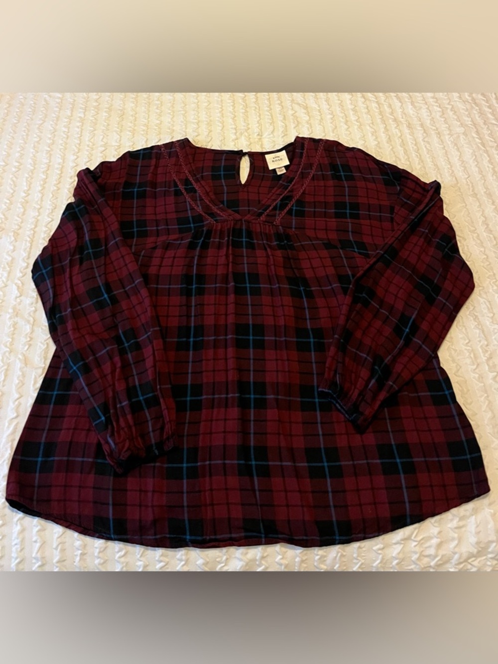 Knox Rose Burgundy Plaid Tunic Top with Black and Blue Accents